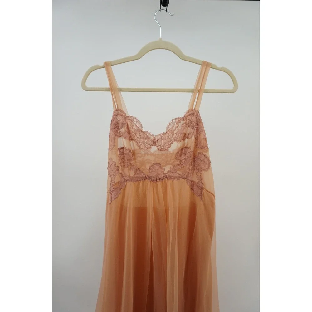 Vintage Style Sheer Lace Bodice Nightgown Coquette Fairycore Peach Apricot OS